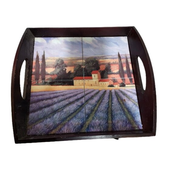 James Wiens Fields of Lavender Tile Walnut Wood Serving Tray Italian Farmcore - Picture 2 of 12